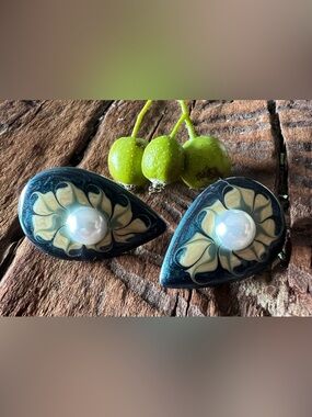 Artisan Teardrop Pearl Earrings Hand Painted Denim Blue Cream Shimmering Enamel